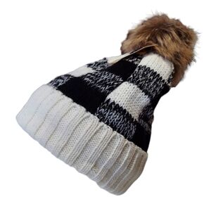 L.I.B New York Knit Winter Beanie Hat Womens Black Ivory Pom New Fleece Lined